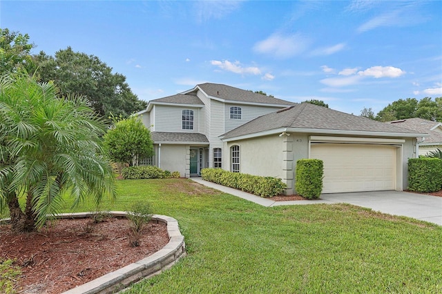 traditional home featuring a shingled roof, a front lawn, stucco siding, driveway, and an attached garage