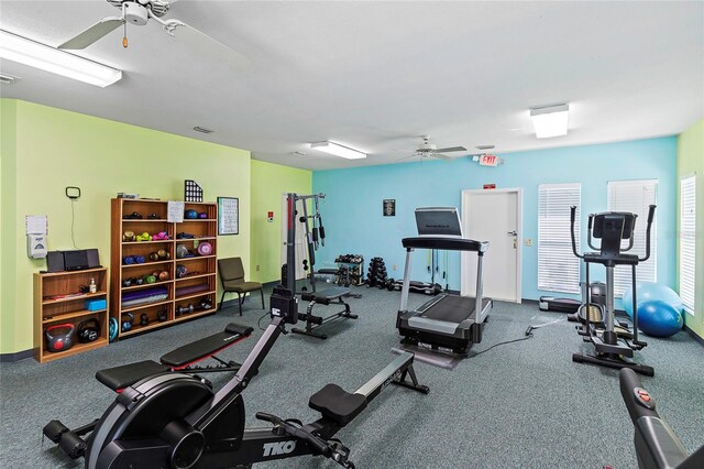 workout area with ceiling fan