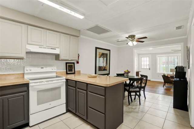 kitchen with light hardwood / wood-style floors, white cabinetry, white electric stove, kitchen peninsula, and ceiling fan