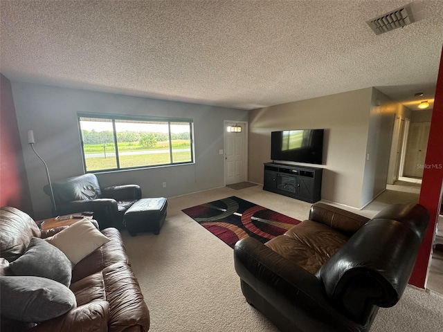 living room featuring a textured ceiling and light colored carpet