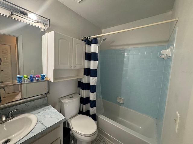 full bathroom featuring shower / bath combo with shower curtain, tile patterned flooring, toilet, and vanity