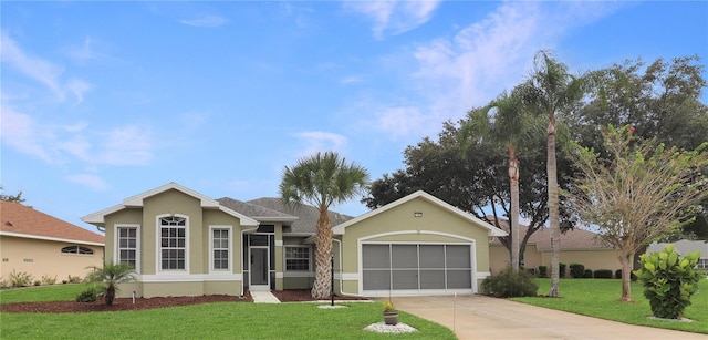 ranch-style house featuring a front yard and a garage