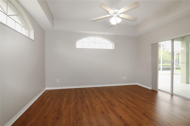 unfurnished room with a wealth of natural light, hardwood / wood-style floors, a raised ceiling, and ceiling fan