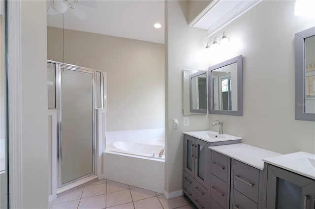 bathroom featuring vanity, ceiling fan, independent shower and bath, and tile patterned flooring