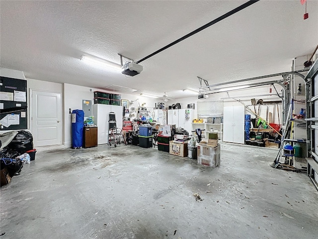 garage with a garage door opener and electric panel