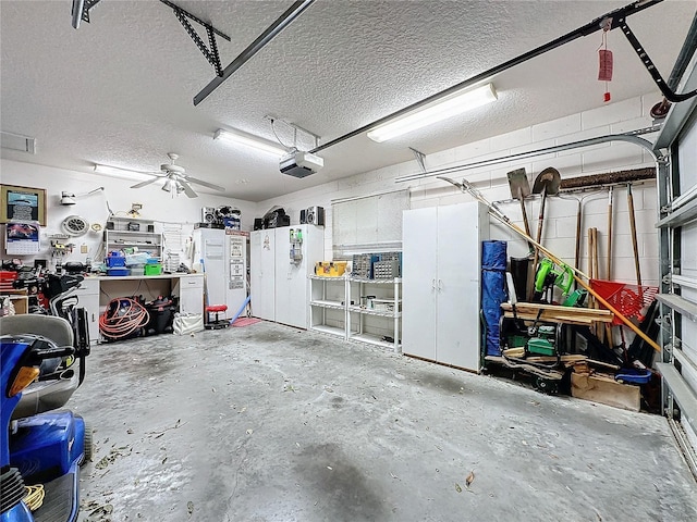 garage featuring a garage door opener and ceiling fan