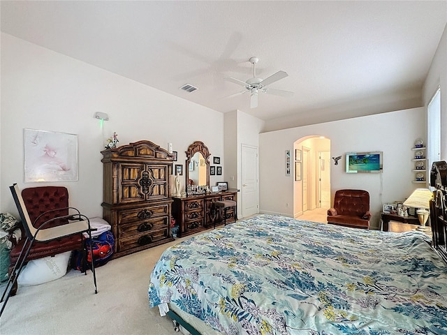 carpeted bedroom featuring ceiling fan