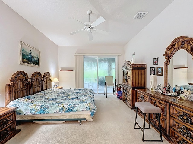 bedroom featuring access to outside, light colored carpet, and ceiling fan