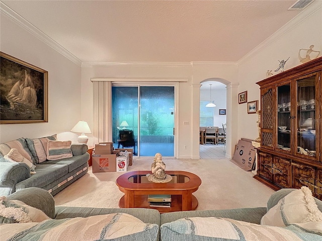 living room featuring a textured ceiling, light colored carpet, and crown molding