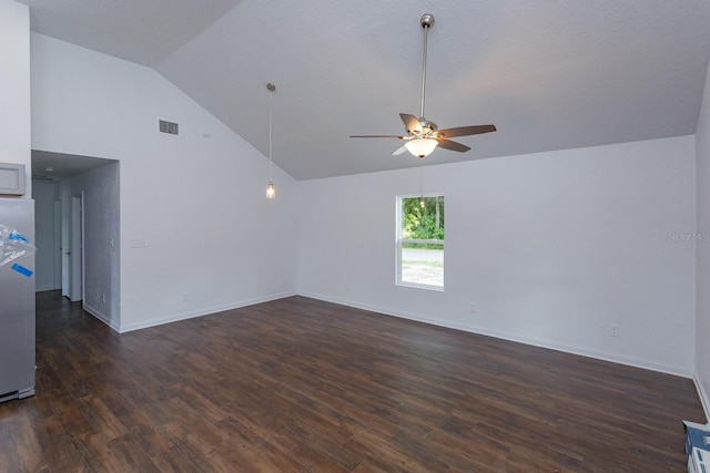 interior space with high vaulted ceiling, ceiling fan, and dark hardwood / wood-style floors