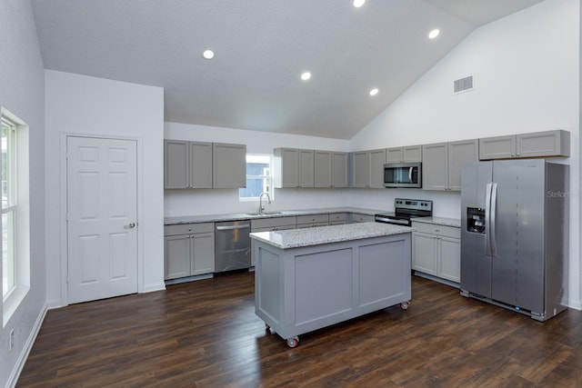 kitchen featuring appliances with stainless steel finishes, high vaulted ceiling, a kitchen island, and dark wood-type flooring