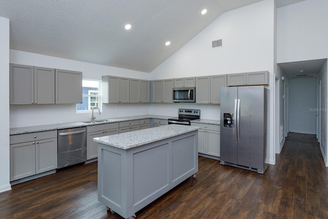 kitchen with high vaulted ceiling, a center island, sink, dark hardwood / wood-style floors, and appliances with stainless steel finishes