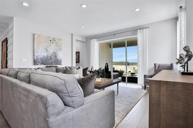 living room featuring a textured ceiling and light hardwood / wood-style flooring