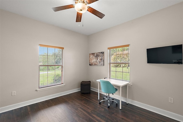 office with ceiling fan and dark hardwood / wood-style flooring