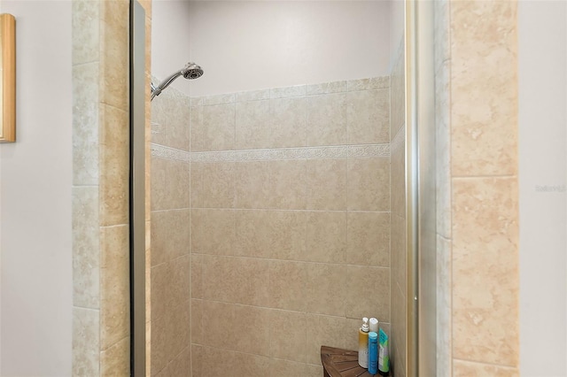 bathroom with a shower with shower door