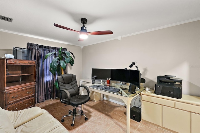 home office with ceiling fan, ornamental molding, and light tile patterned floors