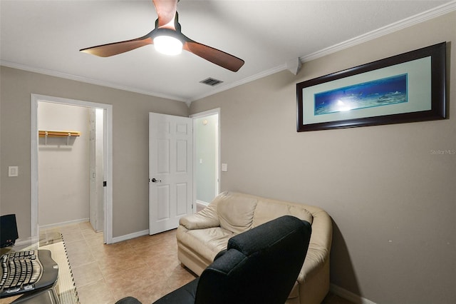 interior space featuring ceiling fan, ornamental molding, and light tile patterned floors