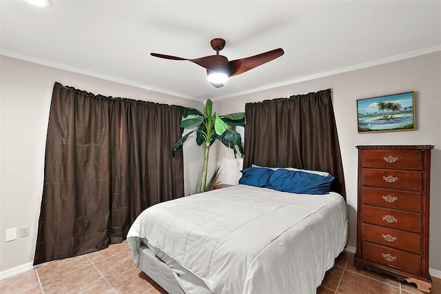 bedroom with ceiling fan, crown molding, and tile patterned flooring