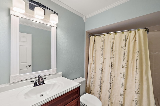 bathroom with vanity, toilet, crown molding, and walk in shower