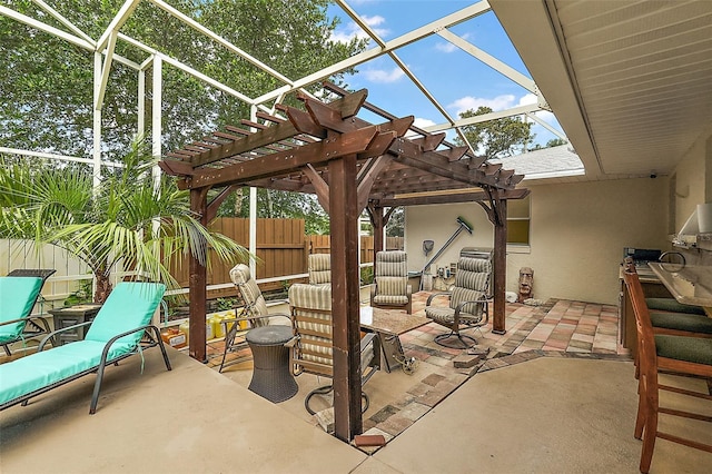 view of patio / terrace with a pergola and glass enclosure