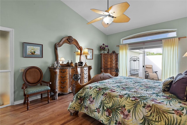 bedroom with vaulted ceiling, access to outside, ceiling fan, and light hardwood / wood-style floors