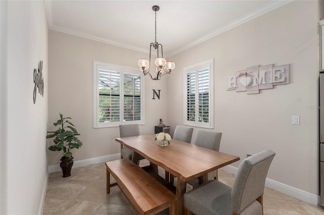 dining space with a chandelier, light tile patterned flooring, and ornamental molding