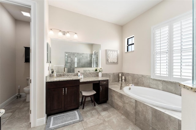 full bathroom with vanity, toilet, tile patterned floors, and shower with separate bathtub