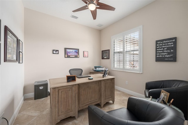 home office with light tile patterned floors and ceiling fan