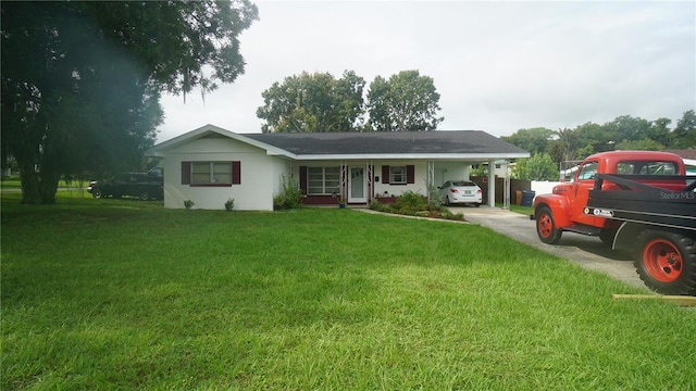 single story home with covered porch and a front yard