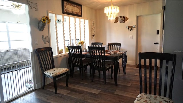 dining room with dark wood-type flooring and a chandelier