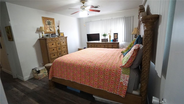 bedroom featuring dark wood-type flooring and ceiling fan