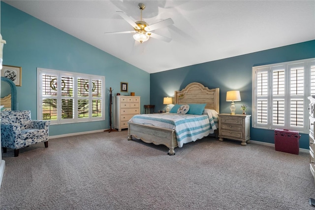 bedroom featuring high vaulted ceiling, ceiling fan, and carpet flooring