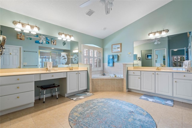 bathroom featuring shower with separate bathtub, ceiling fan, vanity, and tile patterned floors