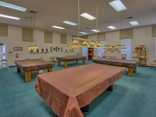 playroom featuring dark carpet and billiards