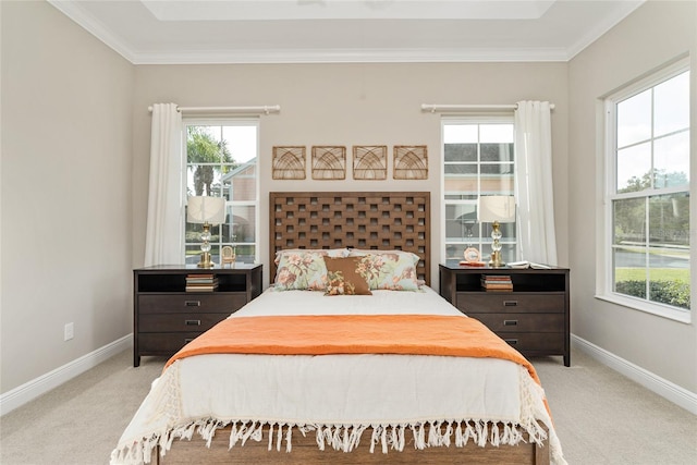 carpeted bedroom featuring ornamental molding