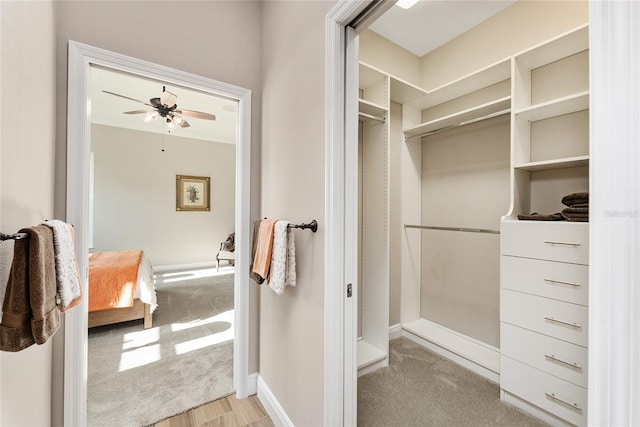 spacious closet with ceiling fan and light carpet