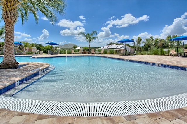 view of pool featuring pool water feature