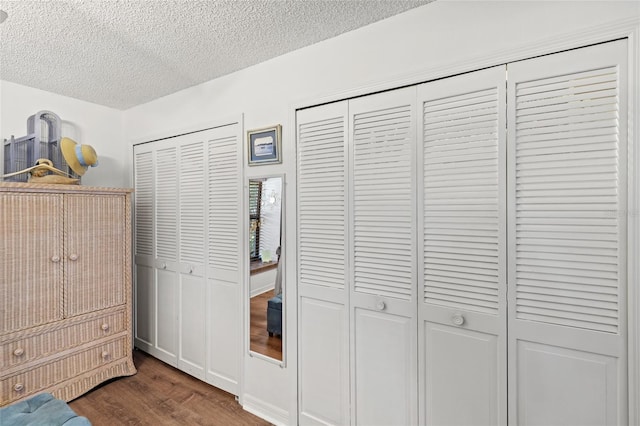 bedroom featuring a textured ceiling, dark wood-type flooring, and multiple closets