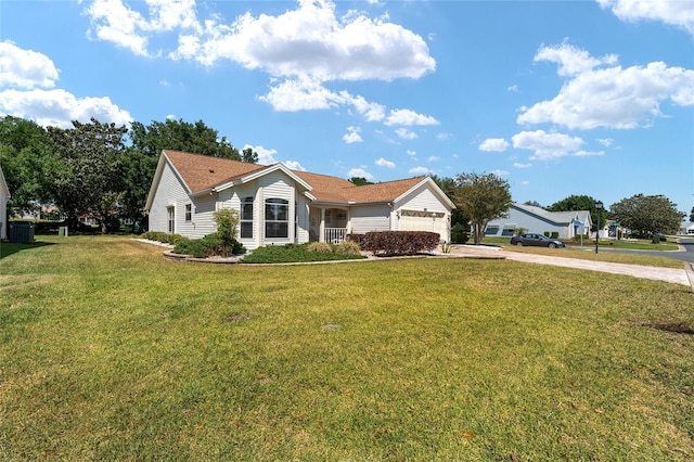 single story home featuring a garage, a front lawn, and central air condition unit