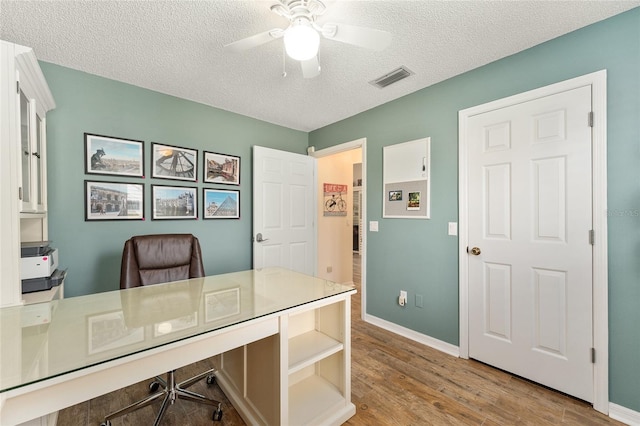 office area with hardwood / wood-style floors, ceiling fan, and a textured ceiling