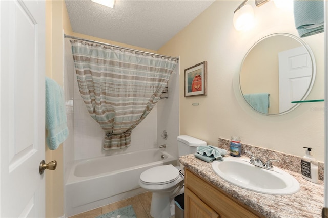 full bathroom with toilet, tile patterned flooring, vanity, a textured ceiling, and shower / bath combo