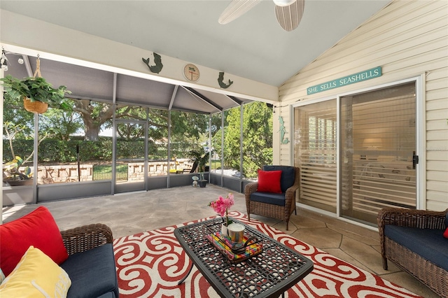 sunroom with vaulted ceiling and ceiling fan