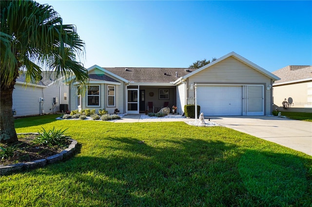 ranch-style house with central AC unit, a garage, and a front lawn