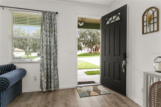 foyer entrance with hardwood / wood-style flooring, ornamental molding, and a healthy amount of sunlight