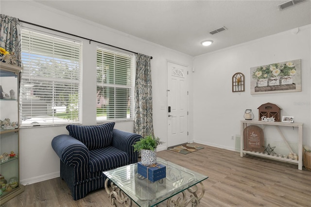 living room featuring crown molding and wood-type flooring