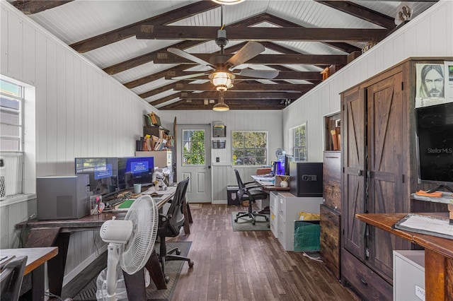 office space featuring wood walls, lofted ceiling with beams, dark hardwood / wood-style flooring, and a healthy amount of sunlight