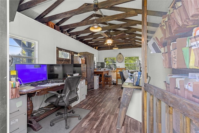 office area featuring vaulted ceiling with beams and wood-type flooring