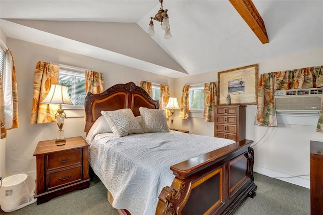 bedroom with lofted ceiling, dark colored carpet, and cooling unit