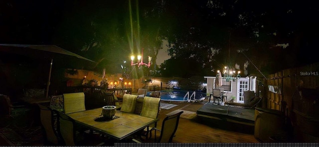 patio at twilight with a swimming pool side deck