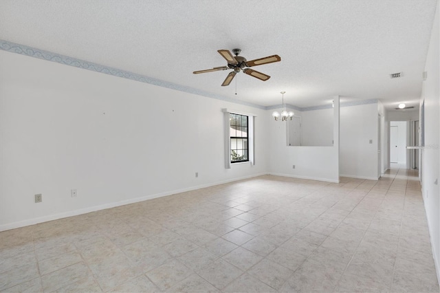 unfurnished room featuring a textured ceiling and ceiling fan with notable chandelier